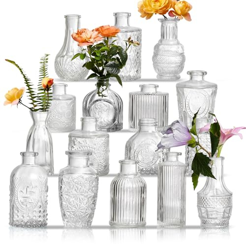 Glass Bud Vases Set of 16 - Assorted Small Mini Glass Vases for Flowers, Crystal Vintage Vase Set, Bulk Centerpieces for Table Décor, Wedding, Home and Events (Clear, 16 Pcs)