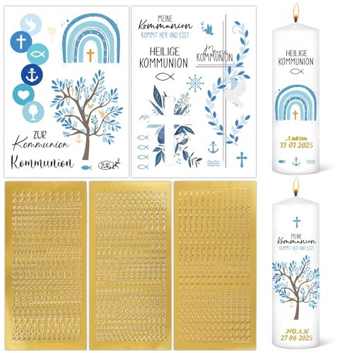 BOFUNX 2pcs Kerzentattoos Kommunion Kerzen Tattoofolie + 3pcs Groß- und Kleinbuchstaben Kerzen Sticker Gold Zahlen Aufkleber für Kommunionkerzen Basteln