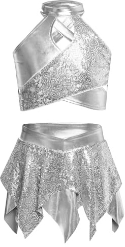 Runqhui - Vestido de baile latino moderno jazz conjunto de lentejuelas top top con falda traje Hip Hop Disco Gimnasia Patinaje