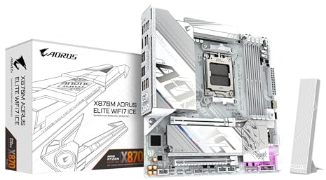 GIGABYTE X870M AORUS ELITE WIFI7 ICE Motherboard - Supports AMD Ryzen 9000 CPUs, 14+2+2 Phases Digital VRM, up to 8200Hz DDR5 (O.C), 1xPCIe 5.0 + 1xPCIe 4.0, Wi-Fi 7, 2.5 GbE LAN, USB 4