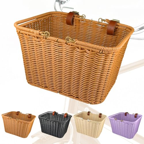 Bike Basket Front,Hand-Woven Bicycle Basket for Adult Bikes with Leather Straps, Easy Detachable,30 * 24 * 19cm (Brown)