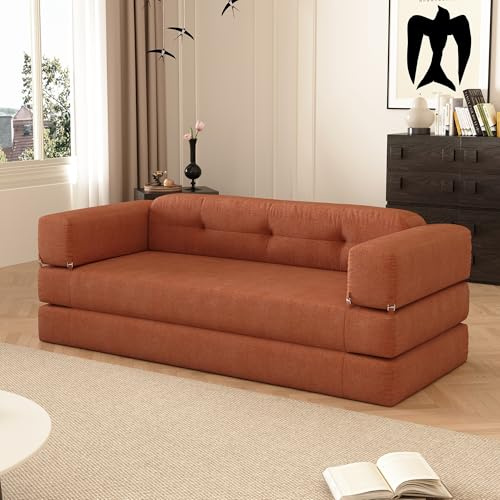 Modernes Modulares Schlafsofa Bodensofa Couch, Vielzweck Orange Sofa mit Schlaffunktion & Abnehmbarer Waschbarer Bezug, Leicht Zu Montieren für Wohnzimmer, Schlafzimmer & Kleine Räume（200cm）