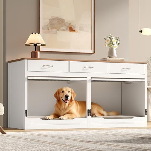 Jaula para perros de madera y metal, para 2 perros, 164 x 60 x 81 cm, caseta interior, tapa abatible, divisor extraíble, 3 cajones (blanco + efecto madera)