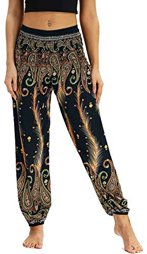 Nuofengkudu Damen Hippie Haremshose Capri Thai Hose Leichte mit Taschen Dünn Boho Ethno Blumenmuster Muster Strand Sommerhose Yogahose Gold Pfau
