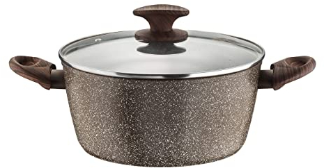 Pintinox Casseruola Alluminio Serie Natura, Antiaderente Effetto Pietra, Manico Effetto Legno, Coperchio in vetro con pomolo soft-touch , Adatta all'Induzione, Diametro 28 cm