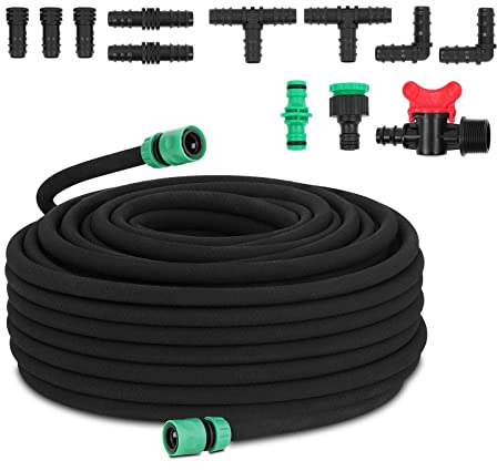 hillvert Tuyau Micro Poreux Microporeux Boyau Suintant D'Arrosage Flexible Irrigation Kit Jardin Fleurs Potager HT-COSTIGAN-50X12S01 (50 m, Connecteurs, 4 bars, Robinet Sectionnement, Nez ¾“, Gants)