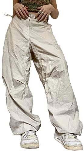 ORANDESIGNE Damen Cargohose Baggy Hohe Taille Gerade Breites Bein Baggy Denim Hosen Y2k Aesthetic Vintage Lang Freizeithose Jeanshosen Teenager Mädchen 90er E-Girl Streetwear H Beige XS