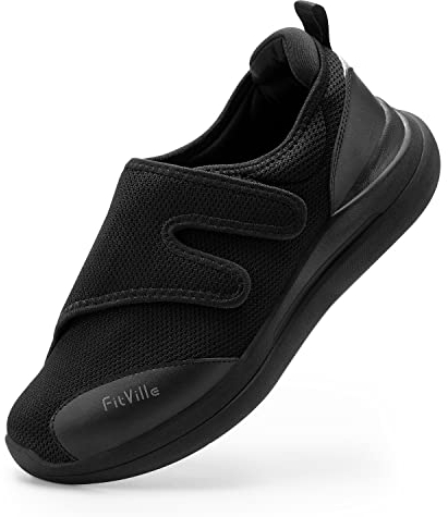 FitVille Chaussures Hommes Extra-Larges Chaussures de Marche Ajustables Chaussons pour Pieds Sensibles Noir 46.5 EU X-Large