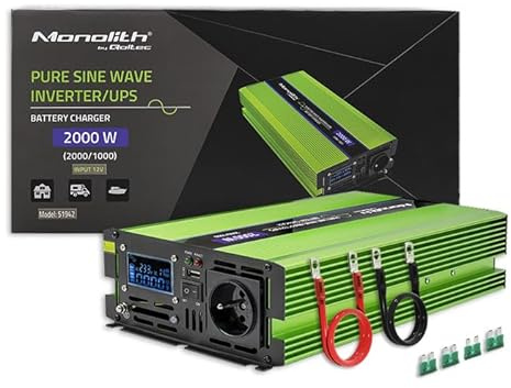 Qoltec bilspänningsomvandlare batteriladdning UPS 2 000 W 1 000 W 12 V till 230 V ren Sinus LCD