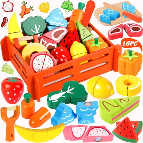 ENCOUN Jouets en Bois Fruits et Légumes, Jeux de Cuisine Enfants avec Bois Panier, Fruits et Légumes Jouet à Couper, Jeu d'imitation Jeux Enfant 3 4 5ans, Montessori Education Jouets Enfants Cadeau