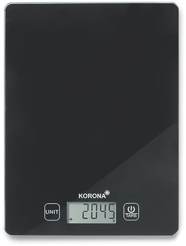 Korona 70247 Küchenwaage ELSA | Digital | 5 kg Tragkraft | Einteilung 1 g | Mit praktischer Tara-Zuwiegefunktion | Abschaltautomatik | Überlastungsanzeige | Material: Glas | Farbe: Schwarz