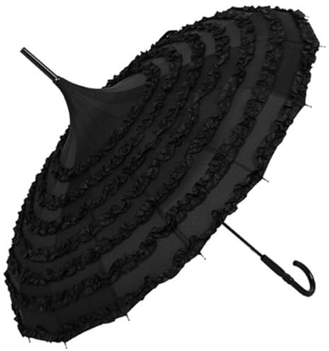 Kapmore Chic Black Pagoda Parasol with Lace Flowers - Ladies Sunproof Long Handle Umbrella