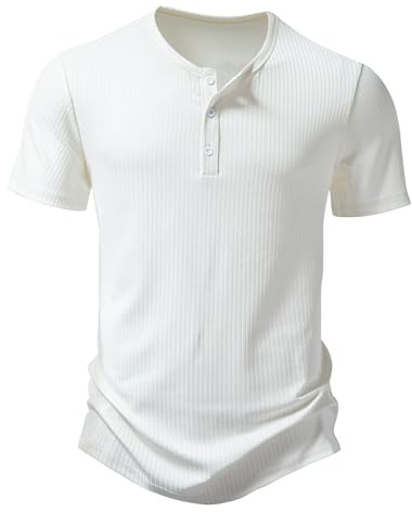 Camisa casual de cuello mao henley para hombre, elegante, manga corta, 3 botones, ajuste ceñido muscular, camiseta de verano vacaciones, camisetas texturizadas de punto sin cuello, tops polo - Blanco