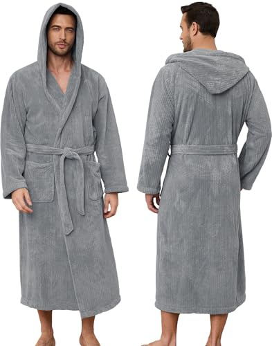 PJGGZ Men's Bathrobe with Hood, Soft Long Towel Robe for Men - Super Absorbent Quick Dry yet Warm(Gray,L/XL)