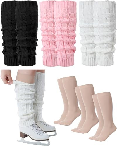 Chuarry 6 Pairs Skating Leg Warmer Sets for Women Girls Knit Long Leg Warmers Socks Calf Socks Set for Ice Figure Skating(Black White Pink Nude,Classic Style)