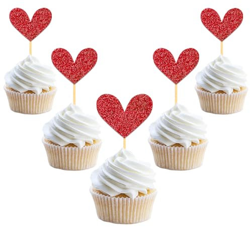 24 Pièces Décoration de Gâteau Coeur Brillante Cupcake Topper, Décoration Saint Valentin Cake Topper, Gâteau Deco non Comestible pour Saint Valentin Mariage Anniversaire Fête- Rouge