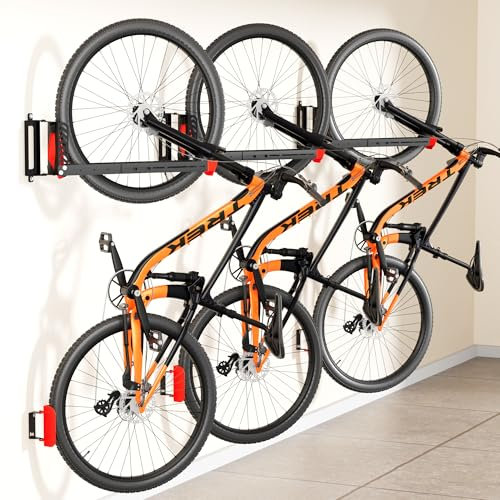 3-Pack Swivel Bike Rack Wall Mount, Bike Hangers for Garage, Space-Saving Vertical Bike Holder, Holds up to 77 lbs, Bicycle Wall Hanger Storage, No Heavy Lifting Required Indoor Hanging Bike Rack-Red