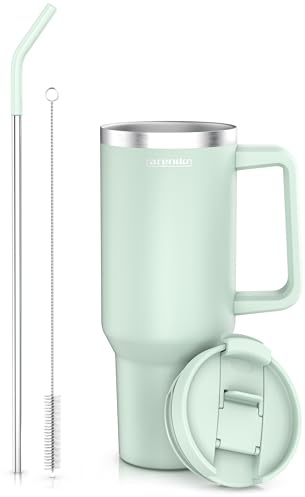 Arendo – Trinkflasche Thermobecher Doppelwandig - 1200 ml – Vakuumgehäuse Edelstahl - Kaffeebecher Auslaufsicher - luftdichter Verschluss - mit Strohhalm - Für Heiß- und Kaltgetränke