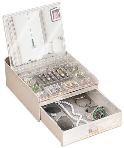 Wi4you Jewelry Box with Mirror, Flip linked Jewelry Display Storage Box, 2 Tier Jewelry Organizer with Velvet Lining for Earring Necklace Bracelet, Ideal Gift for Girls, Wife, Daughter