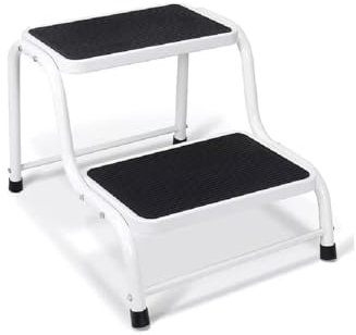 2-Step Step Stool Ladder with Anti-Slip Grooves & Rubber Pads Non-Slip Treads, Metal Frame, White and Black – Heavy Duty Footstool for Home, Kitchen & Office Camper Van Camping Caravan Step-stool