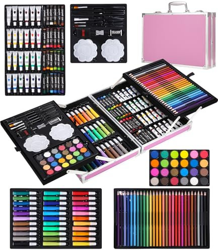 SOBEAU Maletin Pinturas para Niños, 144 Piezas Estuche Pinturas, Pintura Acrílica, Lápices de Colores, Pasteles, Kit Pintura para Niños Adultos,Rosa