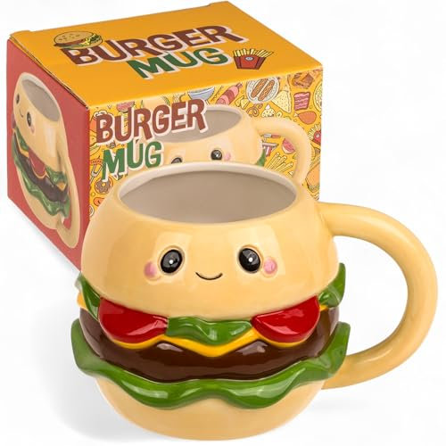 MIJOMA Kawaii Burger Taza de 440 ml – Taza con asa de dolomita en aspecto de hamburguesa – Divertida taza para café, té y cacao – Taza de cerámica multicolor 10 x 10 x 9,5 cm