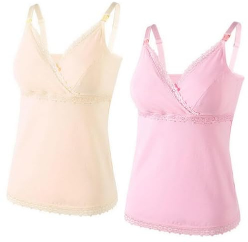 AOOPOO Confezione da 2 Canottiera da Donna Senza Cuciture, Cotone Canotta di maternità in Pizzo con Scollo a V e Reggiseno Incorporato per L'Allattamento al Seno di Base Canotta