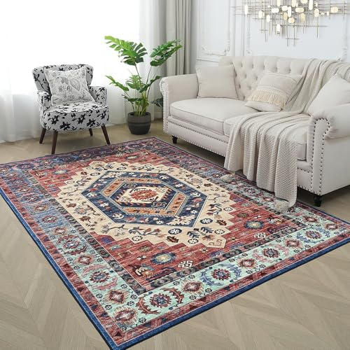 Xfrog Tapis de salon, lavable, à poils courts, vintage, pour chambre à coucher, rouge, 160 x 230 cm