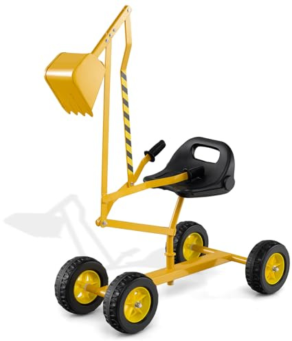 COSTWAY Kids Sand Digger, Sit on Excavator Toy with 4 Wheels, 2-Handed Controls, Flexible Shovel, 360° Rotatable Seat, Outdoor Construction Excavator for 3+ Years Old (Yellow+Black, 123x40x66cm)