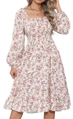 PICKLION Womens Dress Floral Ladies Dresses Long Sleeve A-Line Dress High Waist Casual Midi Dresses White L