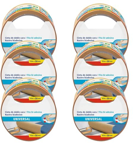 SIMPLETEK - Ruban adhésif double face universel 10 m x 50 mm - 6 pièces | Pour bureau, maison, bricolage | Moquette, photos, décorations, projets créatifs