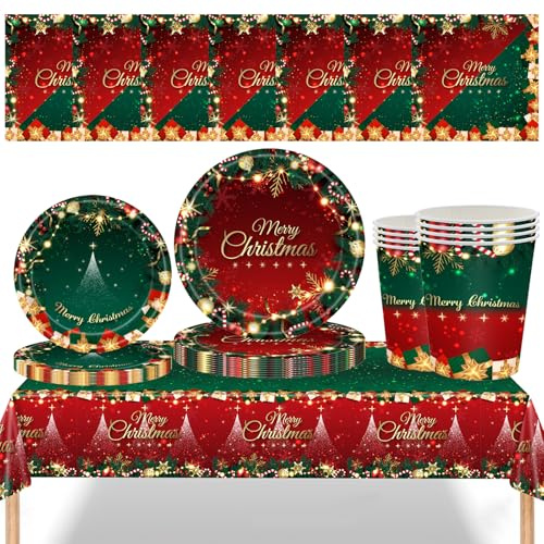 MORAINJAY 69P Christmas Tableware Set for 16 Guests,Red Green Xmas Paper Dinnerware with Plates,Cups, Napkins,Tablecloth Christmas Table Decorations,Xmas Party Supplies