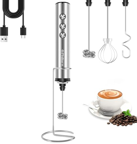 Philorn Elektrischer Milchaufschäumer Stab mit 3 Edelstahl-Schneebesen und Ständer - 3 Einstellbare Geschwindigkeiten, Aufschäumer für Kaffee, Latte, Cappuccino, Matcha, Eischnee (Silber)
