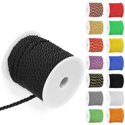 Swpeet Cordón Trenzado Negro de 5 mm y 19 Yardas, Cordón Decorativo Trenzado de 3 Hebras en Poliéster, Hilo de Cordón Brillante de Viscosa para Costura y Manualidades, Decoración del Hogar Sujetador