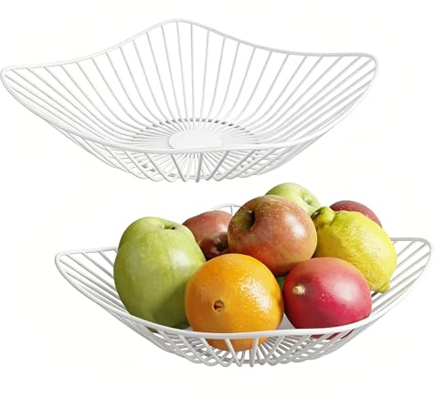 WELDUN 2er Metall Obstschale, Obstkorb für Küchen, Tisch, moderne minimalistische Home Decor Körbe für Obst Gemüse Snack Lagerung, Weiß