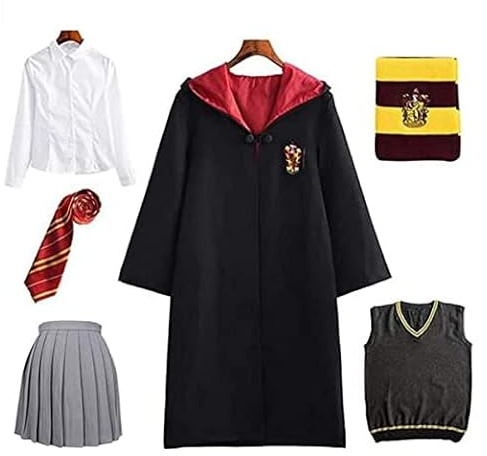 Costume Déguisement Uniforme Hermione Granger Gryffindor pour Enfants avec Cape, Cravate, Écharpe, Baguette Magique, Ensemble pour Fans de Films, Déguisement pour Carnaval, Halloween, Noir