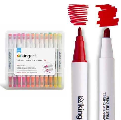 KINGART 408-36 Twin-Tip Chisel & Fine Markers with Storage Case, Set of 36