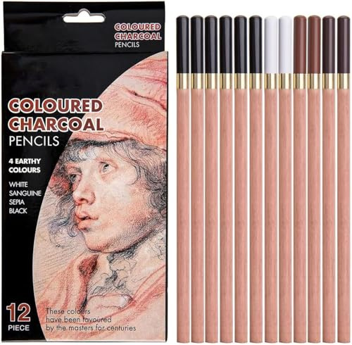 12Pcs Coloured Charcoal Pencil Set,4 Colors Charcoal Drawing Pencils Art Sketching Pencils Set for Artists Beginners Professionals Adults