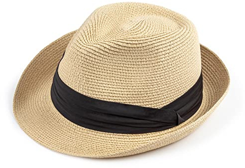 DRESHOW Donna Cappello Panama Cappello da Spiaggia in Paglia Fedora Cappello Arrotolato in Paglia a Tesa Larga Cappelli Panama UPF 50+