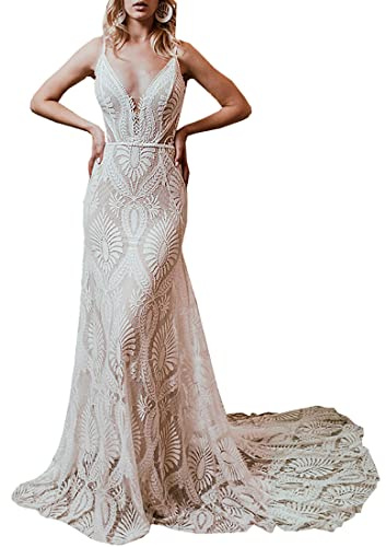 Ever Girl Women's Beach Wedding Dresses for Bride 2022 Vintage Lace Bohemian Bridal Gown Color US14