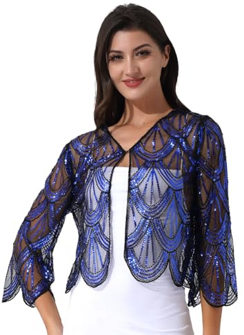 Freebily Coprispalle Donna Cardigan in Pizzo Elegante Giacca con Paillettes Bolero da Cerimonia Matrimonio Top Leggero Orlo Irregolare Abito da Sera Club Cocktail Blu Taglia Unica