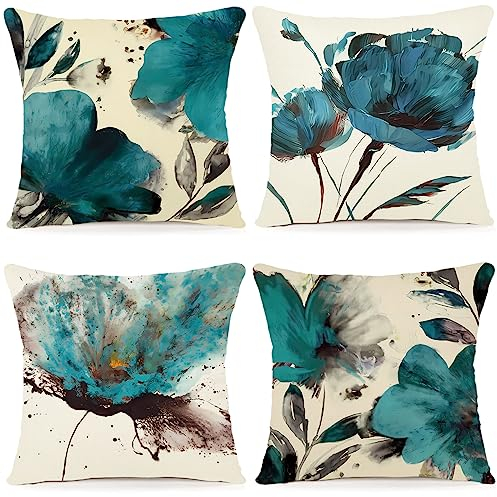 ZWJD Blumen Kissenbezug 40x40 4er Set Outdoor Kissen Dekokissen Leinen Kissenhülle Kissenbezüge Moderne Abstrakte Blumen Kissenhüllen für Sofa Wohnzimmer Zierkissen 40x40 A203-16