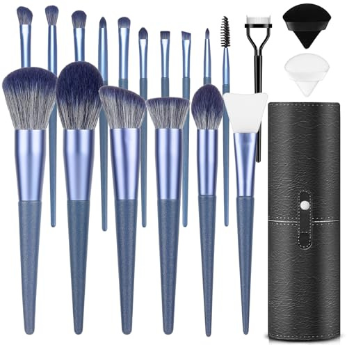 Makeup Brush Set, 17PCs Makeup Brushes with Foundation Eyebrow Blending Concealer Blush Eyeshadow Contour Lash Powder Brush, Make Up Brushes Kit with Organizer Travel Case (Medium, Blue)