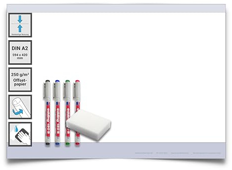 Tableau en papier réinscriptible au format A2 - 42 x 29,4 cm - Avec 4 marqueurs et éponge - Inscriptible des deux côtés - Idéal pour les affaires, l'école, les familles et les projets - Verso blanc