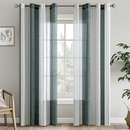 EMEMA Gardinen mit Ösen Grün-Weiss Streifen Voile Vorhänge Halbtransparent Wohnzimmer 140x245cm Dekorieren 2er Set Stores Schals mit Ösenschal Vorhang Moderner Schlafzimmer