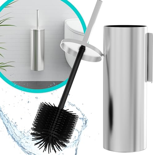 Hovea - Klobürste Wandmontage - Toilettenbürste Silikon & Metall - Wand WC-Bürste Ohne Bohren - Wandbefestigung mit Sticker oder Schraube - Rostfreier Edelstahl 304 - Klobürstenhalter - WC3611