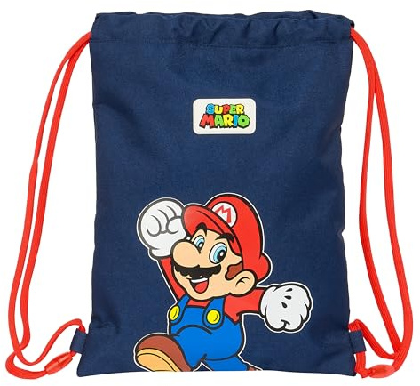 SUPER MARIO WORLD – Zaino a sacco piatto, per bambini, ideale per bambini di diverse età, comodo e versatile, qualità e resistenza, 26 x 34 cm, colore blu navy, Blu navy, Estándar, Casual