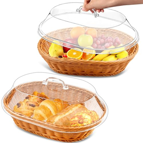 Milkary 2 Pack Wicker Bread Basket with Acrylic Lid, Imitation Rattan Bread Basket, Oval Woven Fruit Basket with Cover for Food Vegetables Display (13.78x9.84x5.91 In)