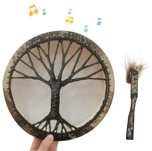 Renopfect Tambor de árbol, tambor de mano con mango, tambor de mano para niños con , tambor hecho a mano con diseño de árbol retro con , pequeños tambores de mano redondos, decoración vintage