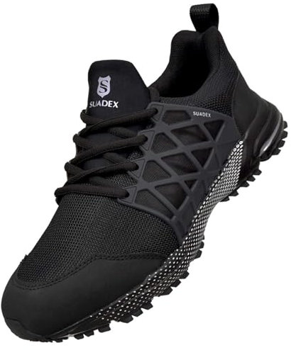 SUADEX Sicherheitsschuhe Arbeitsschuhe Herren Damen Atmungsaktiv Arbeitsschutzschuhe Stahlkappenschuhe Leicht mit Stahlkappe Schwarz 44 EU